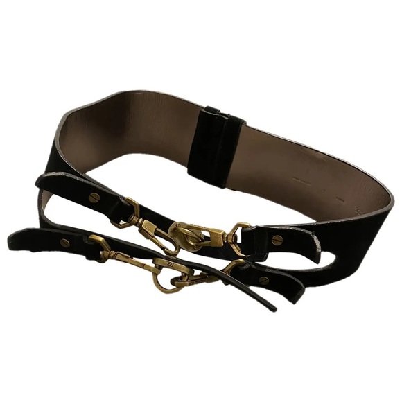 Rachel Zoe Accessories - Rachel Zoe Black Genuine Leather Suede Statement Belt – Gold Hardware Runway XS